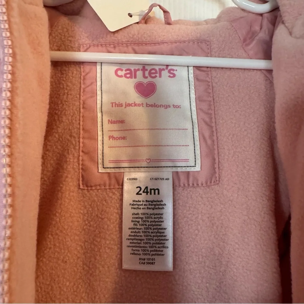 Carter’s Toddler Girls 24M Pink‎ Quilted Floral Hooded Jacket NWT